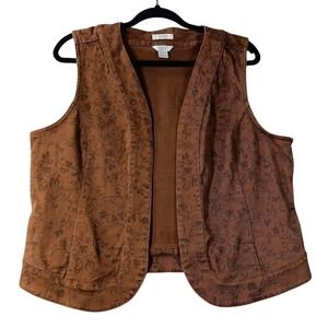 Christopher & Banks Vest Womens Large Brown Floral Open Front Twill Collarless